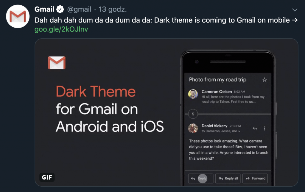 Gmail z ciemnym motywem na Androidzie i iOS