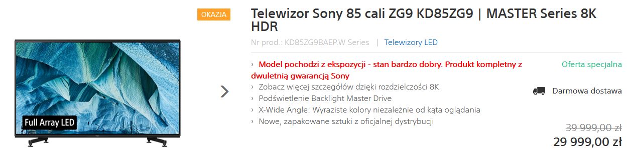 Promocja Sony ZG9 8K 85 cali tanio