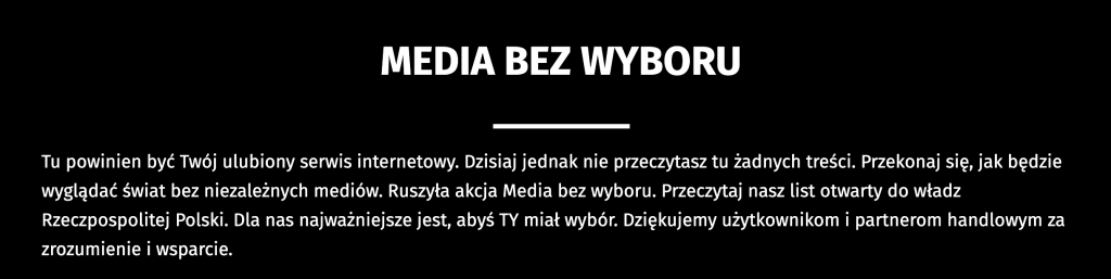 Trwa protest "Media bez wyboru" - nie działają czołowe telewizje, radia i portale w Polsce. Publikujemy list otwarty do władz RP