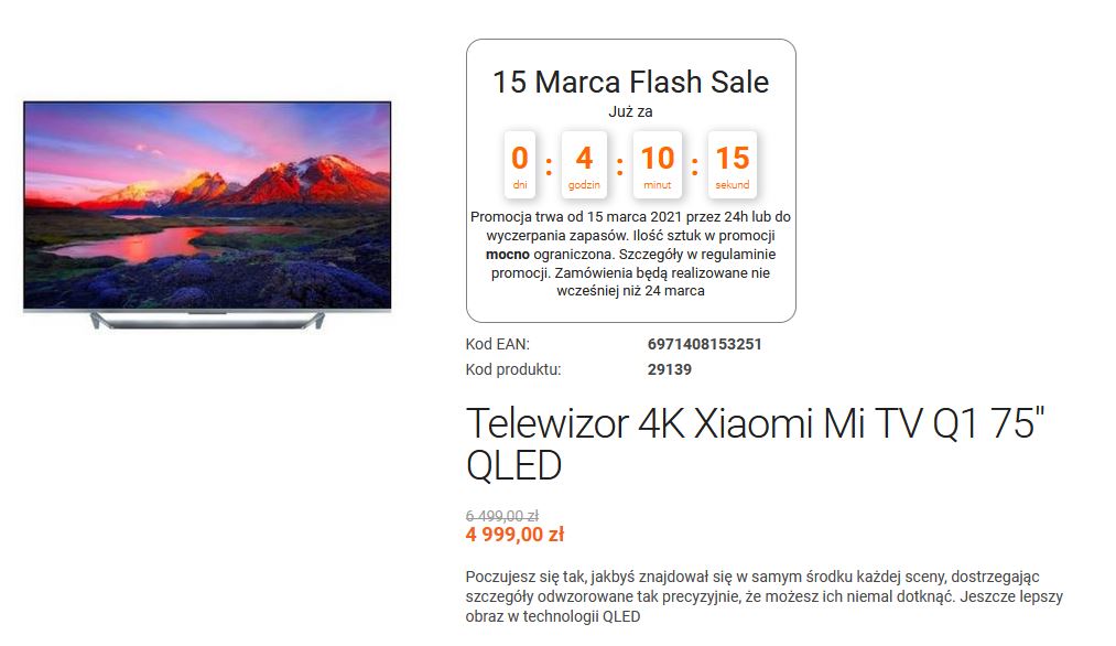 Telewizor Xiaomi Mi TV Q1 QLED 75 cali przesprzedaż sklep