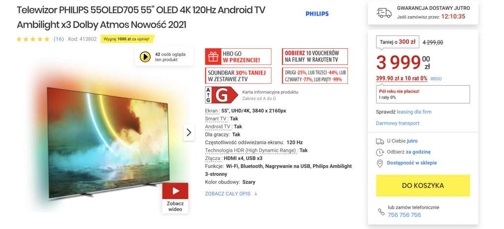 Philips OLED705 z ekranem 55 cali 120Hz idealny do filmów i sportu teraz tylko za 3999 złotych! Android TV i system Ambilight - gdzie skorzystać?