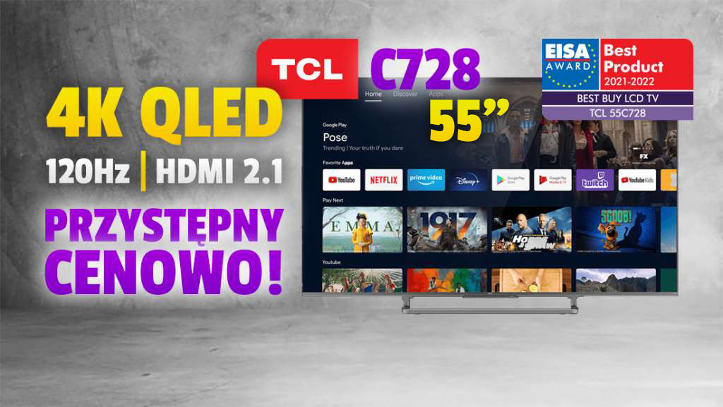 Telewizor TCL C728 QLED 55 cali 120Hz z HDMI 2.1 w najniższej cenie od premiery! Gdzie? Najlepszy zakup LCD zdaniem EISA - świetny do gier i sportu!