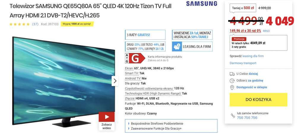 Duży telewizor do konsoli i sportu? Wielka okazja! Nowy Samsung QLED Q80A 120Hz 65 cali z HDMI 2.1 rekordowo tanio!