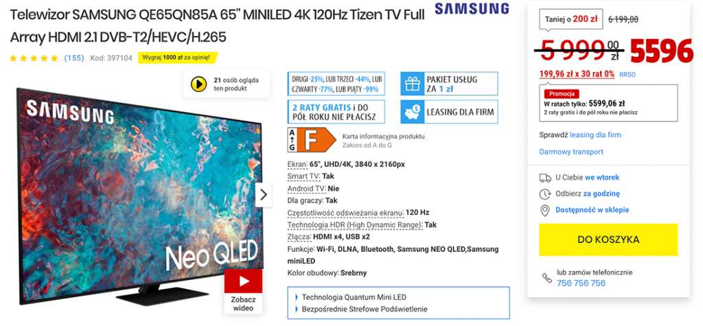 Rekord cenowy! Duży TV Mini LED Samsung QN85A 65 cali z HDMI 2.1 w ogromnej przecenie! 1700 zł taniej, raty gratis - gdzie?