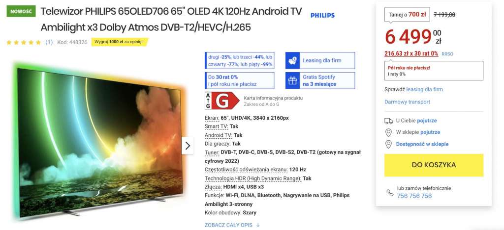 Wow! Rekordowo niska cena - duży TV Philips OLED 65″ z HDMI 2.1 i systemem Ambilight w niskiej cenie + gratis! Gdzie?
