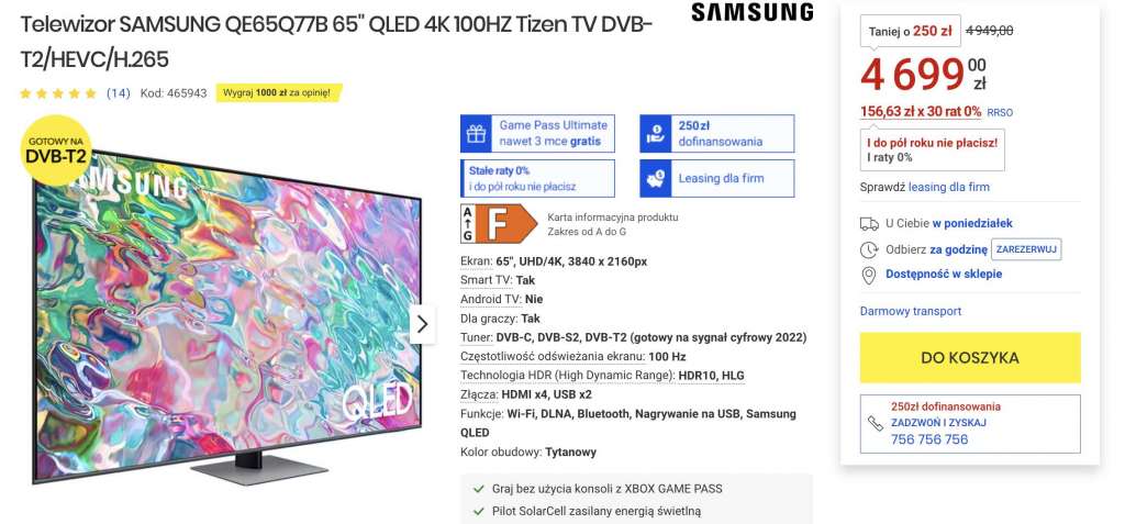 telewizory media expert promocje samsung 2022 qled q77b 65 cali cena gdzie kupić