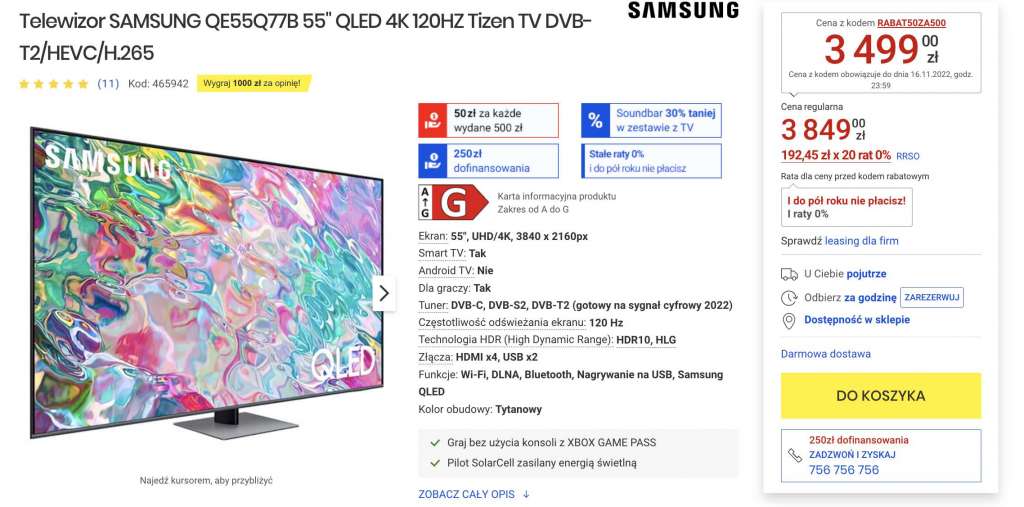 telewizory media expert promocje samsung 2022 qled q77b 55 cali cena gdzie kupić