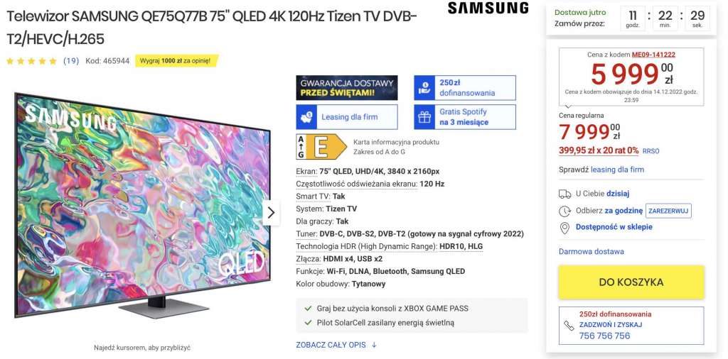 telewizory media expert promocje samsung 2022 qled q77b 75 cali cena gdzie kupić