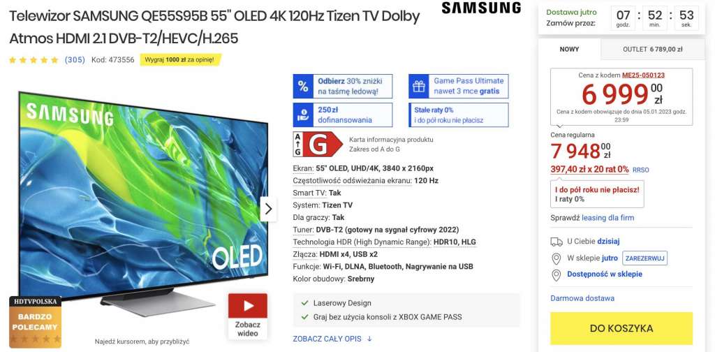 samsung telewizory 2022 qd-oled s95b promocja cena gdzie kupić media expert