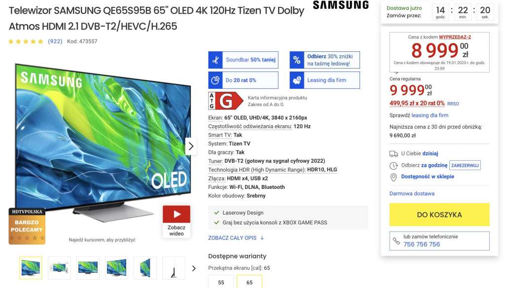 promocja media expert telewizor Samsung QD-OLED S95B 65 cali cena
