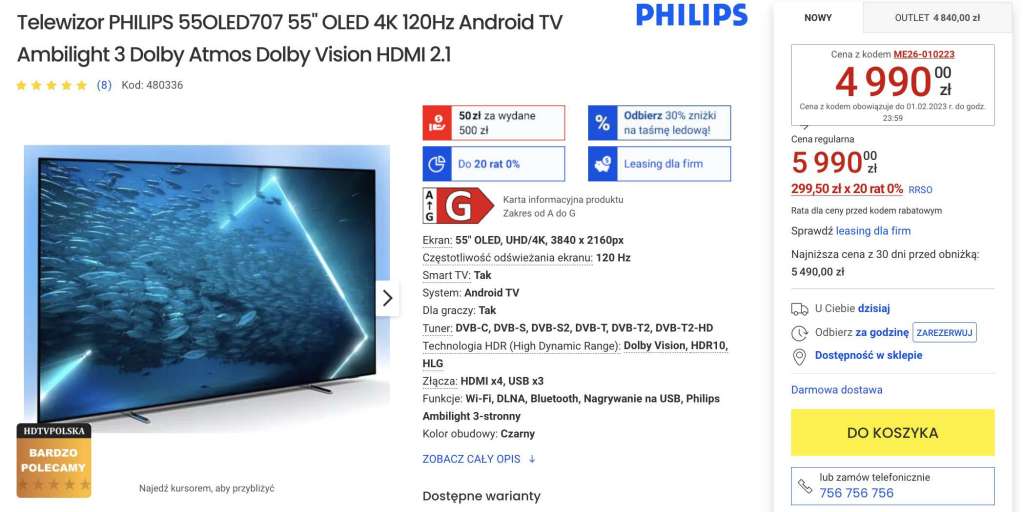 telewizor Philips OLED 707 55 cali promocja media expert listopad 2022 oferta