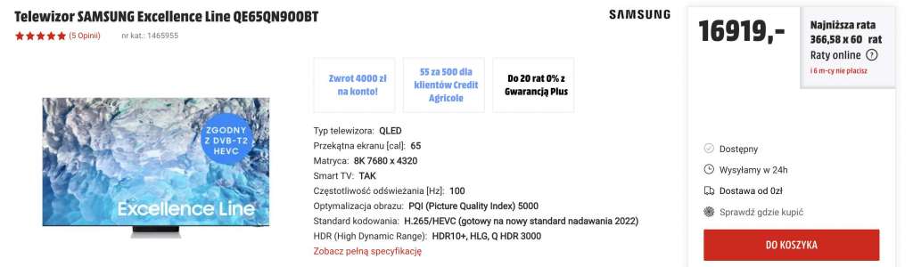 telewizory 8k samsung 65 cali promocje promocja media markt excellence line qn900b cena raty zwrot cashback