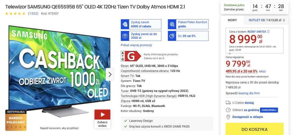 promocja media expert telewizor Samsung QD-OLED S95B 65 cali cena