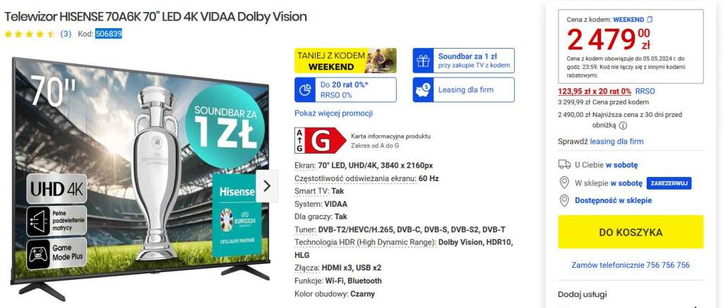 telewizor hisense a6k 70 cali promocja