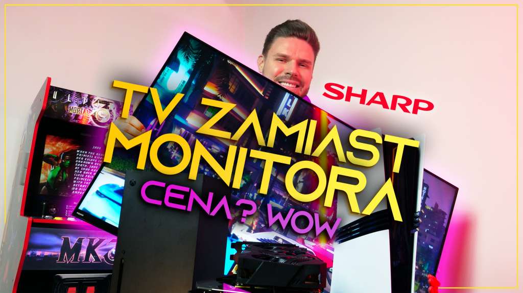 uśmiechnięty mężczyzna trzyma telewizor sharp gr8