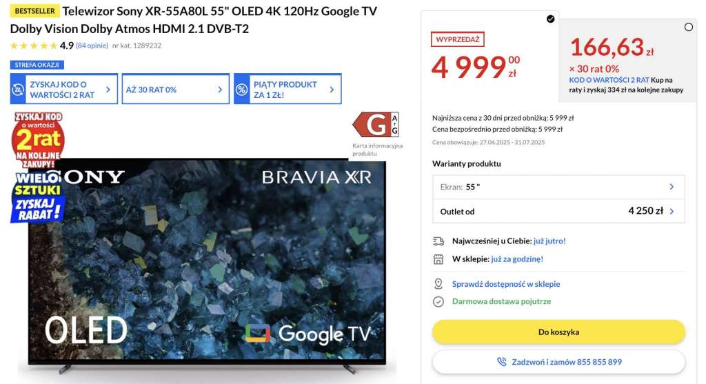 sony bravia oled a80l 55 cali rtv euro agd