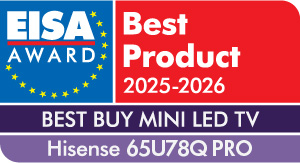 Ikona z nagrodą EISA 2025-2026 dla telewizora Hisense 65U78Q PRO