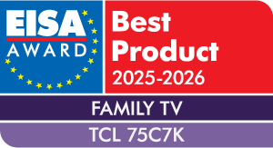 Ikona z nagrodą EISA 2025-2026 dla telewizora TCL 75C7K