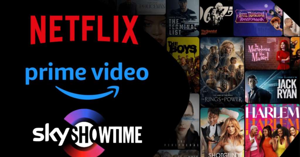 logotypy platform streamingowych Netflix Prime Video SkyShowtime - grafika ilustracyjna