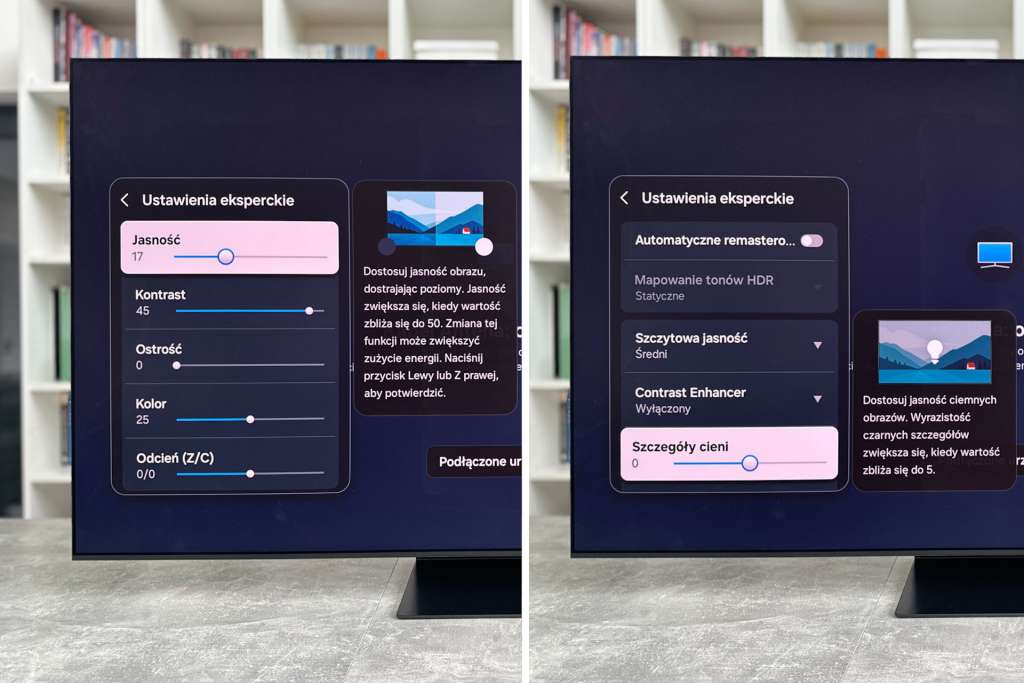 Ekran telewizora Samsung OLED S95F i system Tizen widoczny od frontu na stole - test HDTVPolska