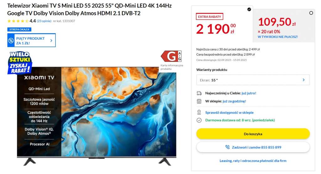 telewizor xiaomi tv s mini led 55 cali promocja rtv euro agd