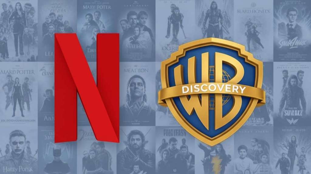 logo netflixa oraz warner bros na tle biblioteki filmowej platformy