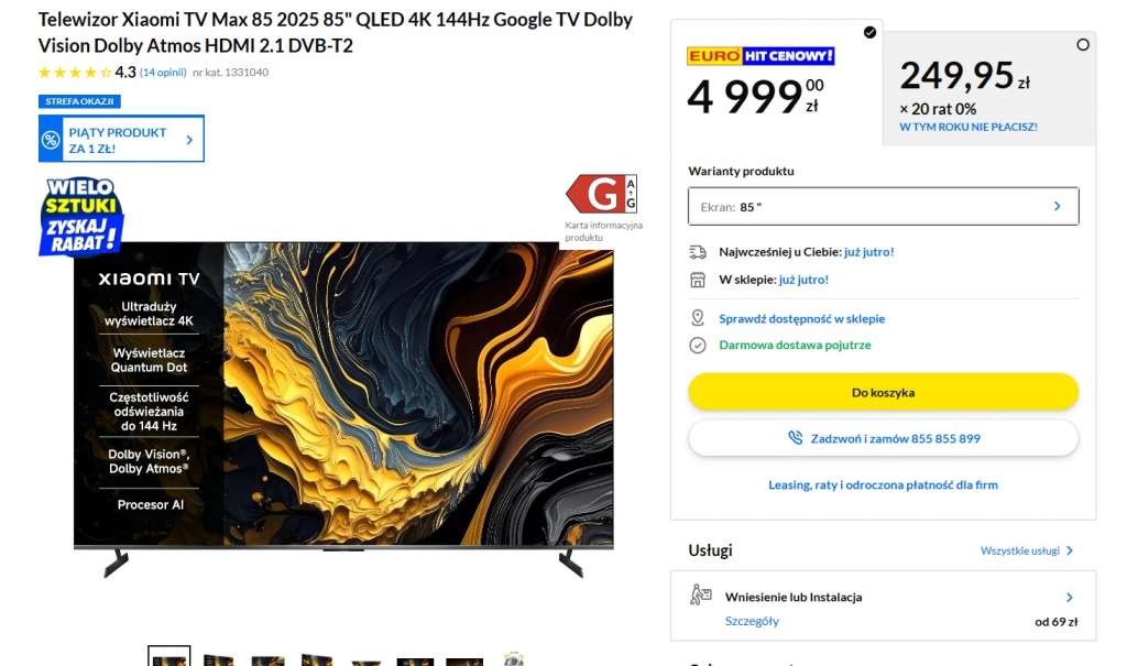 telewizor xiaomi tv max 85 cali promocja rtv euro agd