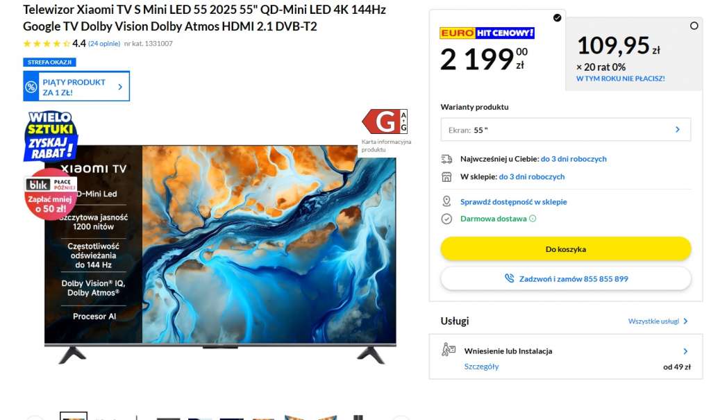 telewizor xiaomi tv s 55 cali mini led rtv euro agd promocja