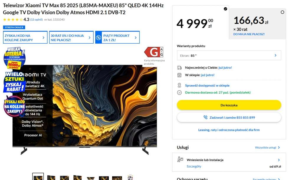 xiaomi tv max 85 cali okazja promocja telewizor rtv euro agd