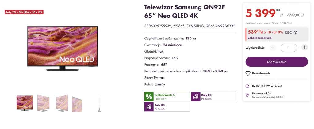 telewizor samsung qn92f neo qled 65 cali black friday