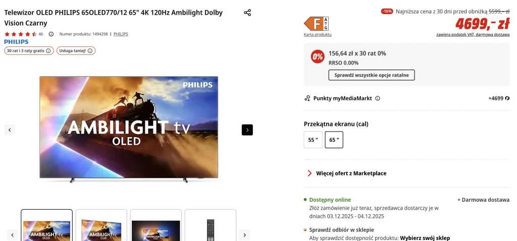 telewizor philips oled770 65 cali promocja media markt