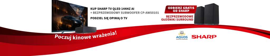 Baner promujący promocję Sharp telewizor, soundbar, głośnik w RTV Euro AGD