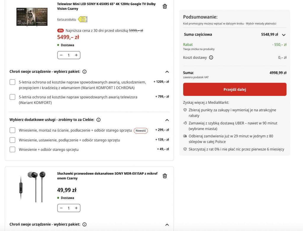 telewizor sony bravia 5 65 cali mini led promocja 50 za 500 media markt