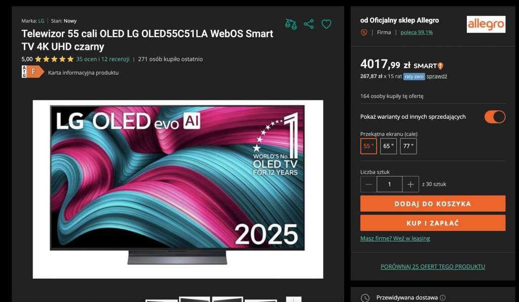 telewizor lg oled c5 55 cali okazja allegro promocja 144 hz