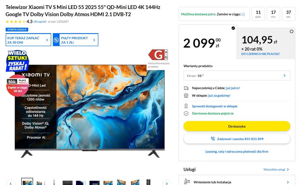 telewizor xiaomi tv s 55 cali mini led