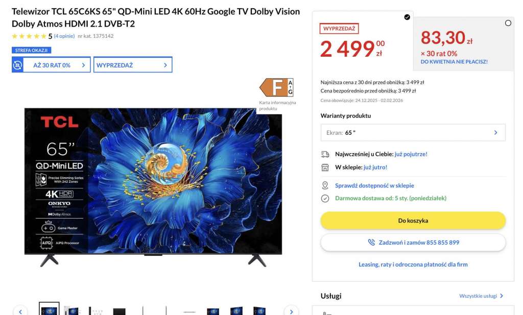 telewizor tcl c6ks 65 cali mini led rtv euro agd promocja