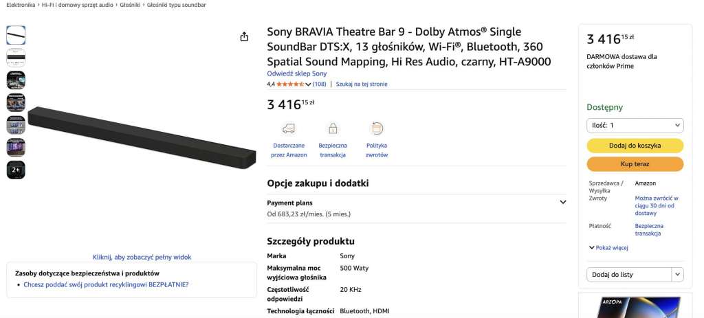 soundbar sony bravia theatre bar 9 dolby atmos amazon promocja