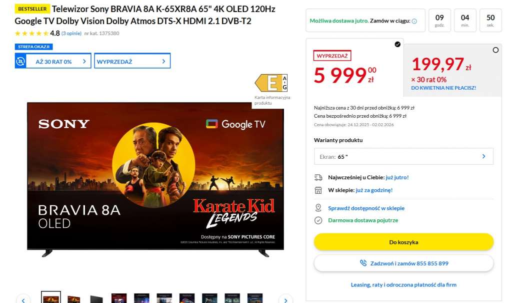 telewizor sony bravia 8a 65 cali promocja rtv euro agd