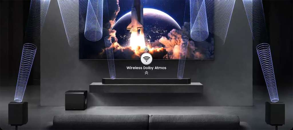 Grafika obrazująca działanie technologii dźwięku przestrzennego Dolby Atmos w soundbarach Samsung