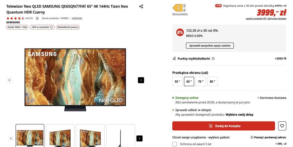 promocja telewizor samsung qn77f 65 cali media markt neo qled 144 hz