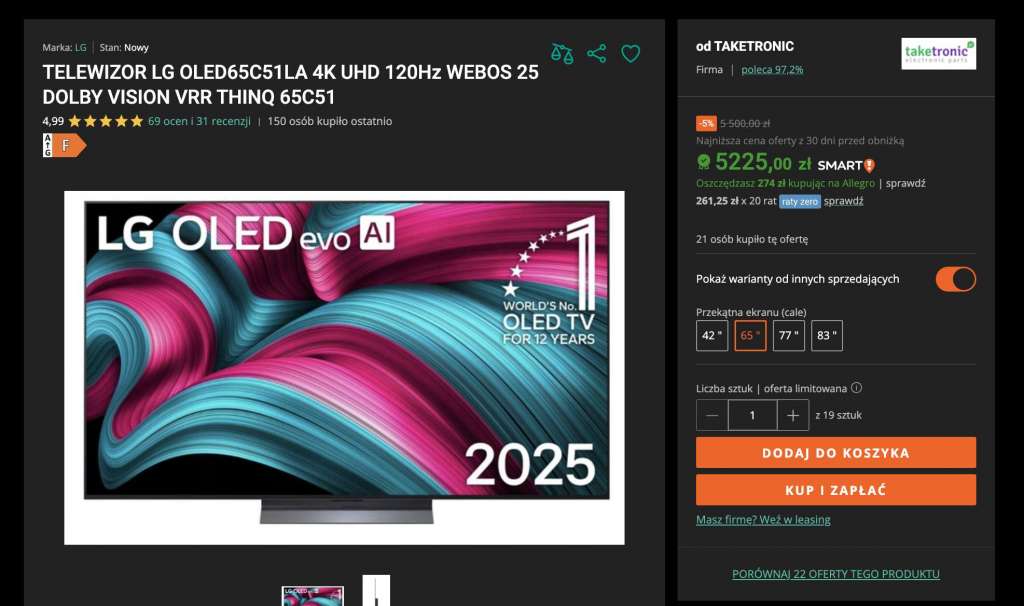 telewizor lg oled c5 65 cali promocja
