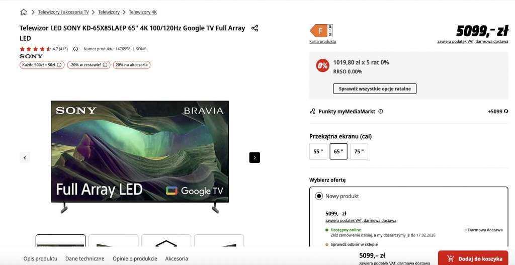 promocja telewizor sony bravia x85l 65 cali okazja media markt 120 hz