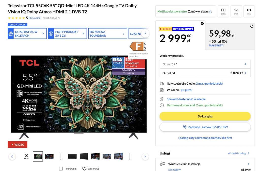 telewizor tcl c6k 55 cali rtv euro agd promocja qd-mini led 144 hz