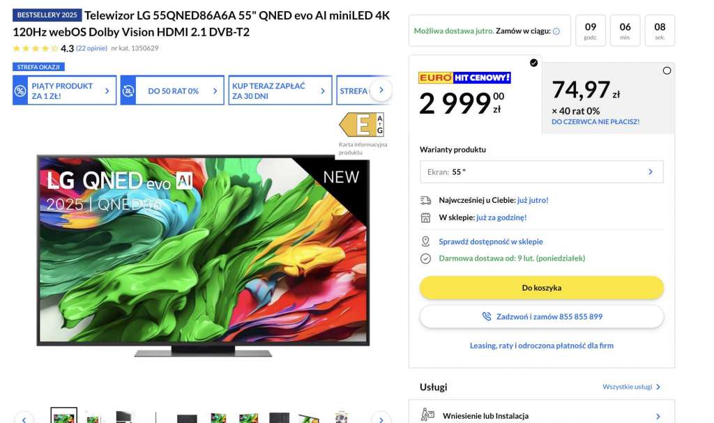 telewizor lg qned86a 120 hz promocja rtv euro agd