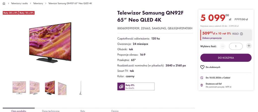 telewizor samsung neo qled qn92f 65 cali okazja vobis