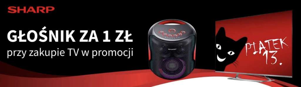 Baner promujący akcję Sharp w Media Expert: kup telewizor, odbierz głośnik za 1 zł