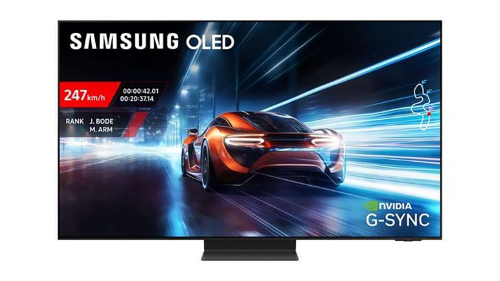 Ekran telewizora Samsung OLED S84F z planszą promocyjną
