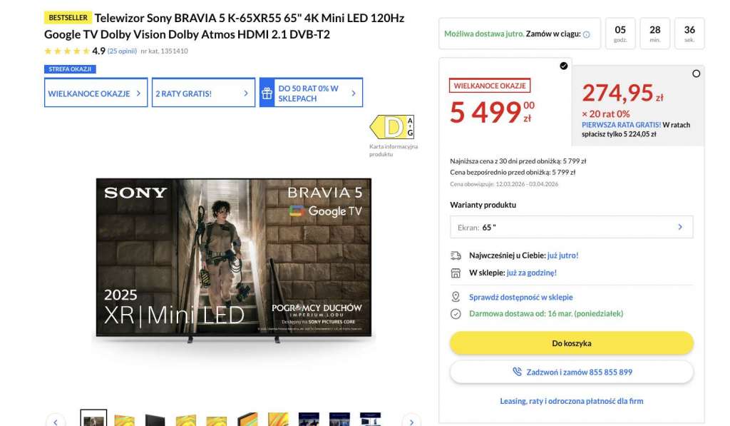 telewizor sony bravia 5 mini led 65 cali promocja rtv euro agd