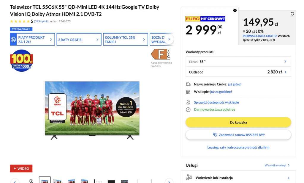 telewizor tcl 55 c6k cali mini led 144 hz promocja rtv euro agd