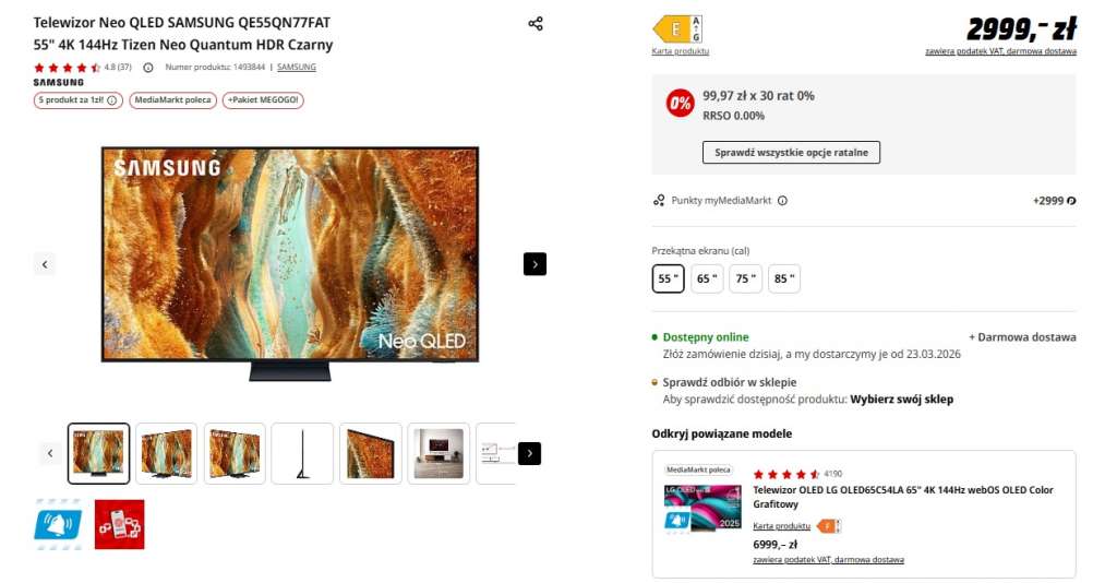 telewizor samsung qn77f 55 cali neo qled promocja media markt